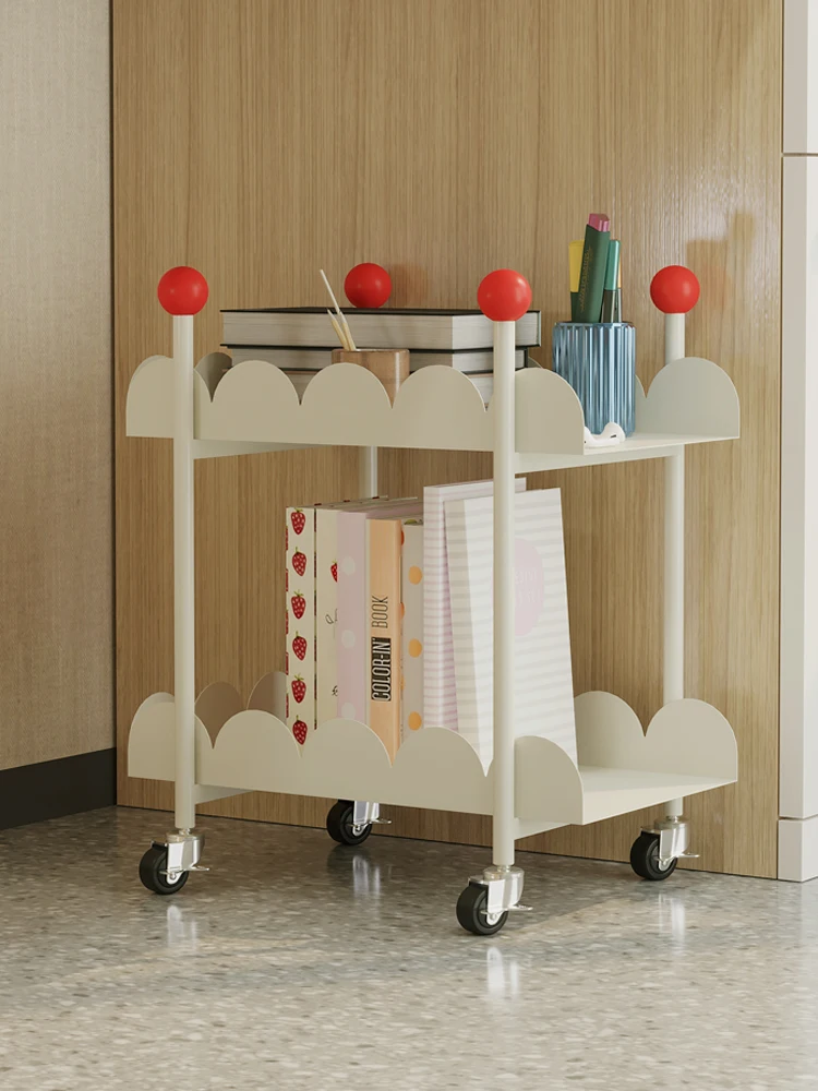 

hg Cream style children's backpack storage rack, desk bookshelf, floor to floor movable snack cart with wheels, iron frame