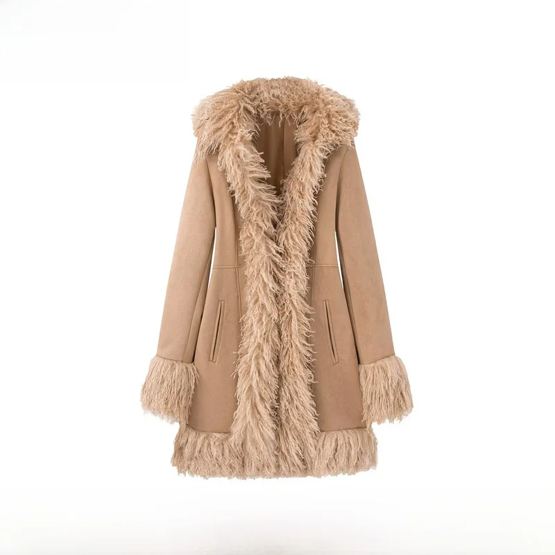 

Faionable Suede Fur Patchwork Mid-Length Coat Women's New Autumn Winter Polyester Fiber Commute Sle Outerwear