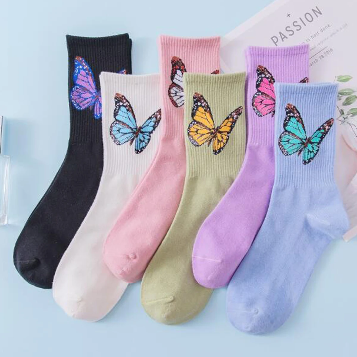 6 Pairs/Set Women\'s Lovely Solid Color Butterfly Socks Crew Socks For Ladies Breathable Happy Socks