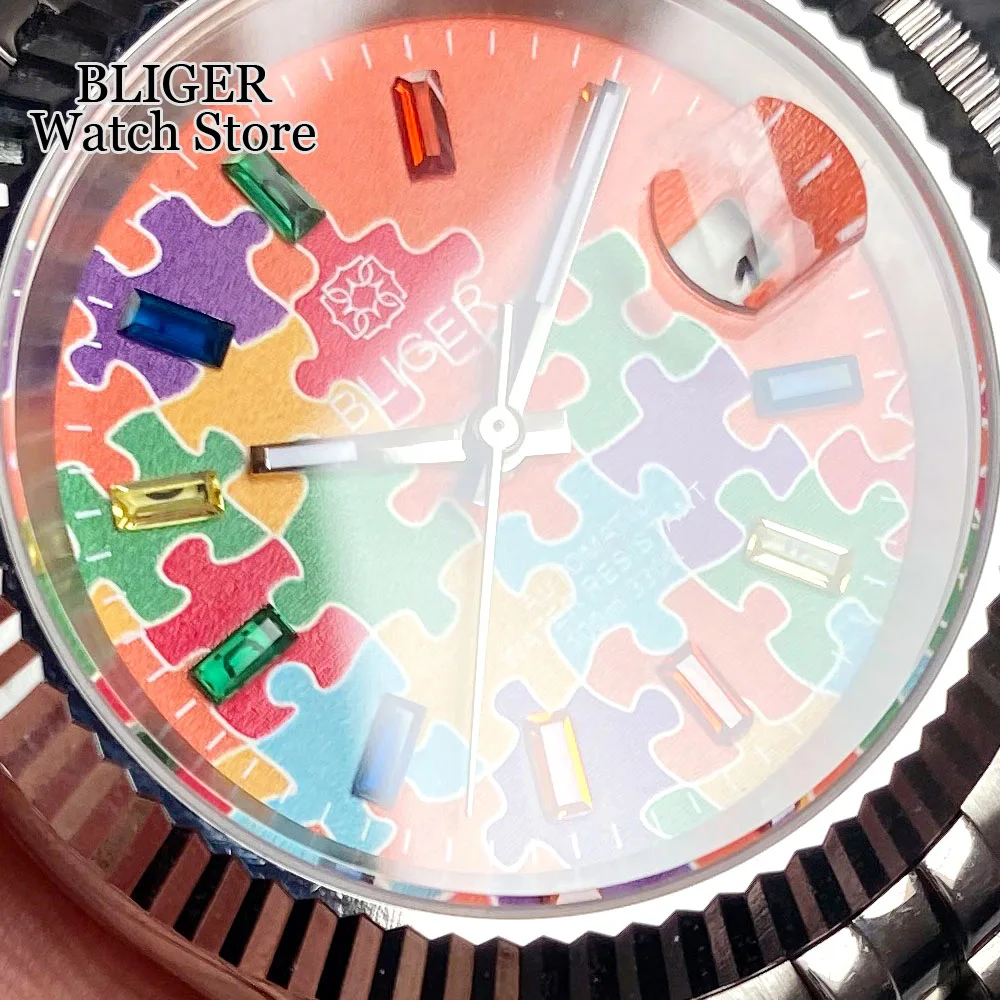 BLIGER 36mm 39mm Gems Mark Fluted Bezel NH35A Automatic Mens Watch Multicolor Puzzel Dial Steel Bracelet Sapphire 2023 New