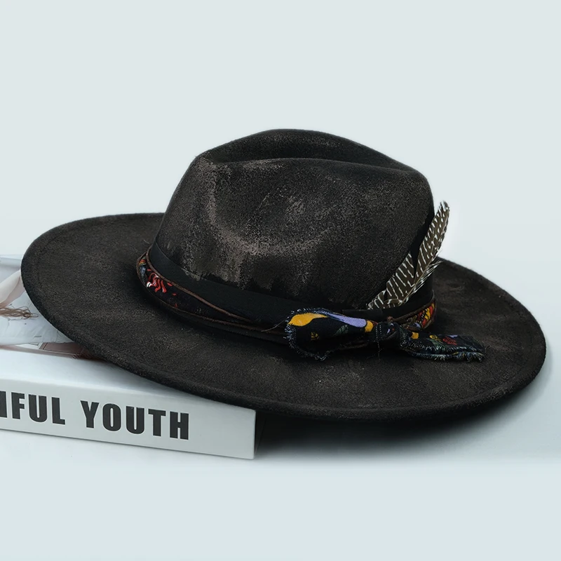 Original Feather Decor Painted Fire Retro Spring  Autumn Winter Warm Women Men Felt Wide Brim Jazz Cap Bowler Hat 55-59cm Adjust