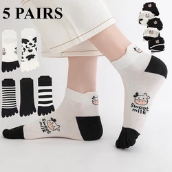 5 Pairs Toe Socks Women Cute Cow Print Five Finger Socks Kawaii Summer Short Ankle Socks with Separate Fingers Korean Fashion