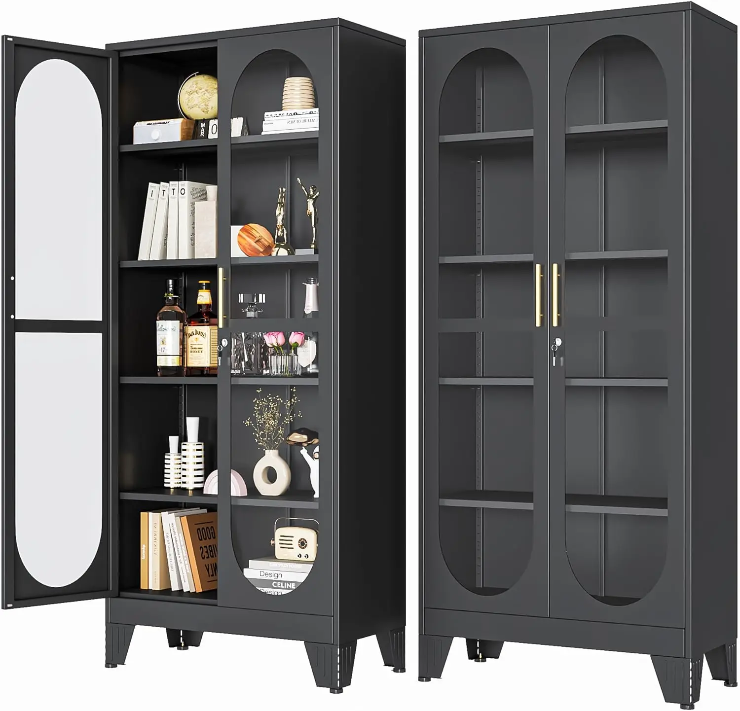

71" H Locking Display Cabinet with Glass Door, Metal Curio Cabinets with 4 Adjustable Shelves, Tall Liquor Cabinet Display Case