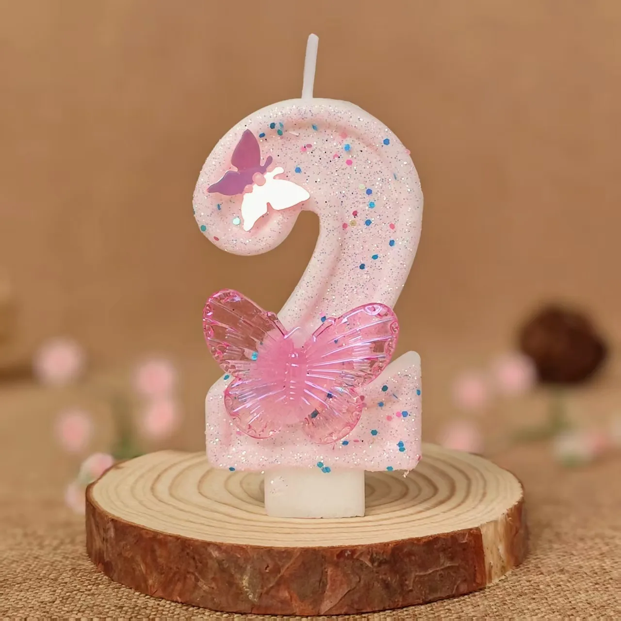 3D-Schmetterlings-Zahlenkerzen 0-9, glänzende, pinkfarbene Glitzerkerzen für Geburtstagskuchen, Kuchendekoration, Partyzubehör – Detail 6