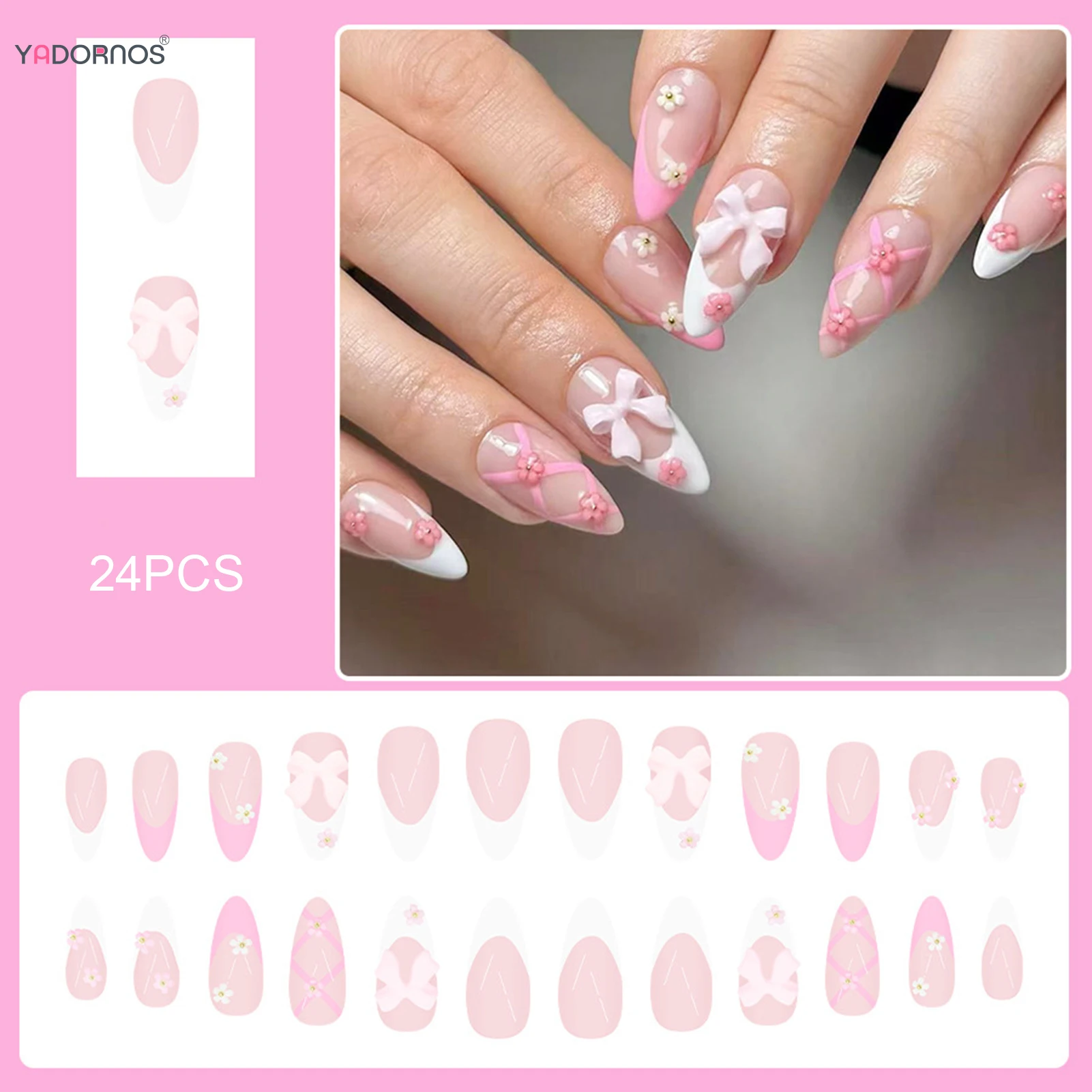 24개 아몬드 프렌치 팁 인조 손톱 꽃 리본 디자인 우아한 발레리나 프레스온 네일 풀커버 아크릴 가짜 손톱 아트