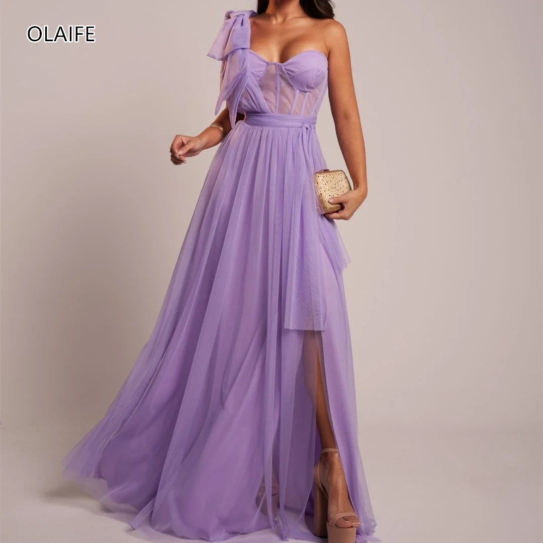 

One Shoulder Wisteria Evening Dresses A Line Tulle Women Prom Gowns Sleeveless vestidos de fiesta فساتين للمناسبات الرسمية