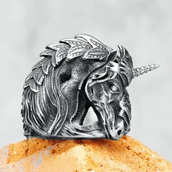 Retro Unicorn Men Rings 316L Stainless Steel Lucky Amulet Ring Rock Rap Party for Biker Male Friend Jewelry Creative Best Gift
