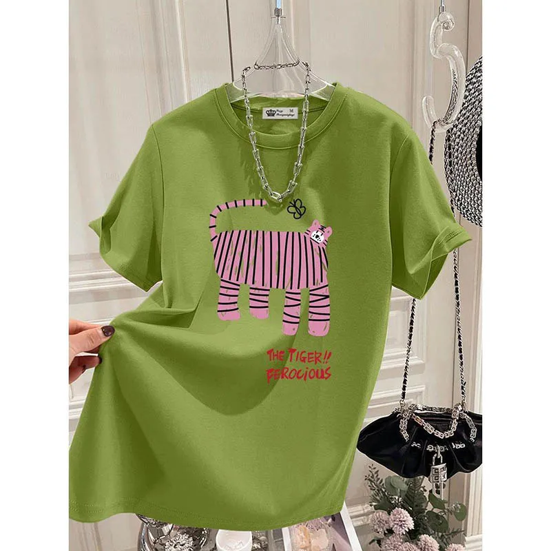 Summer New Fun Tiger Cartoon Print T-shirts Women Clothing Fashion All-match Pure Cotton Short Sleeve Top Tee Y2k Loose Pullover