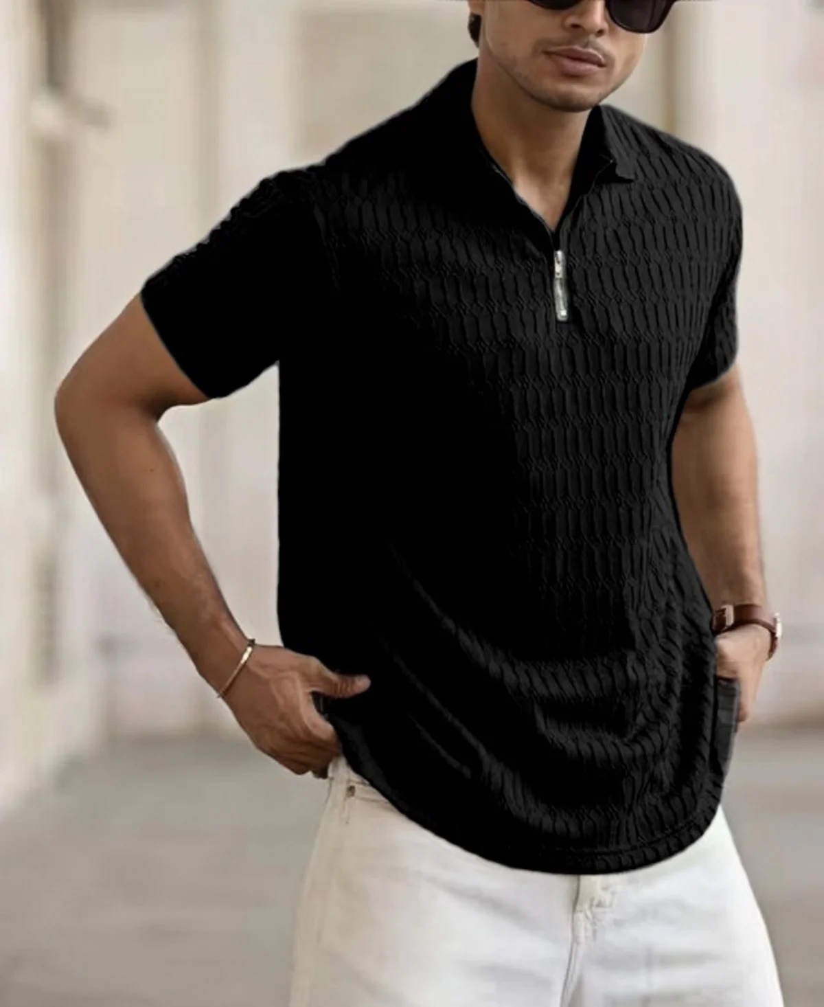 2025 New summer fashion short-sleeved jacquard solid-color POLO shirt with zipper lapel sports top