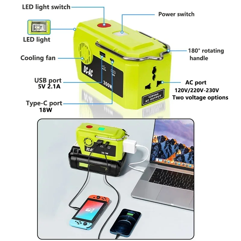 Für Ryobi 40V Batterie 300W Power Inverter Generator DIY Adapter Tragbare Stromquelle 40V DC zu AC 110V220V LED Arbeits Licht