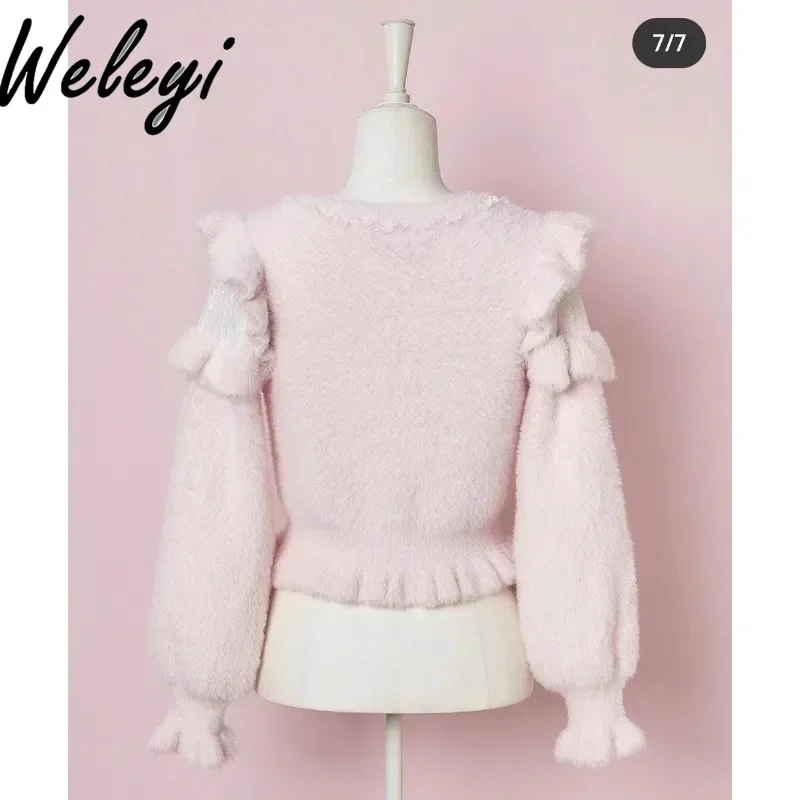 Sweet Lolita Bowknot White Knitted Sweater Woman Winter New Japanese Fashion Lace Stitching Long Sleeve Pullover Knitted Tops