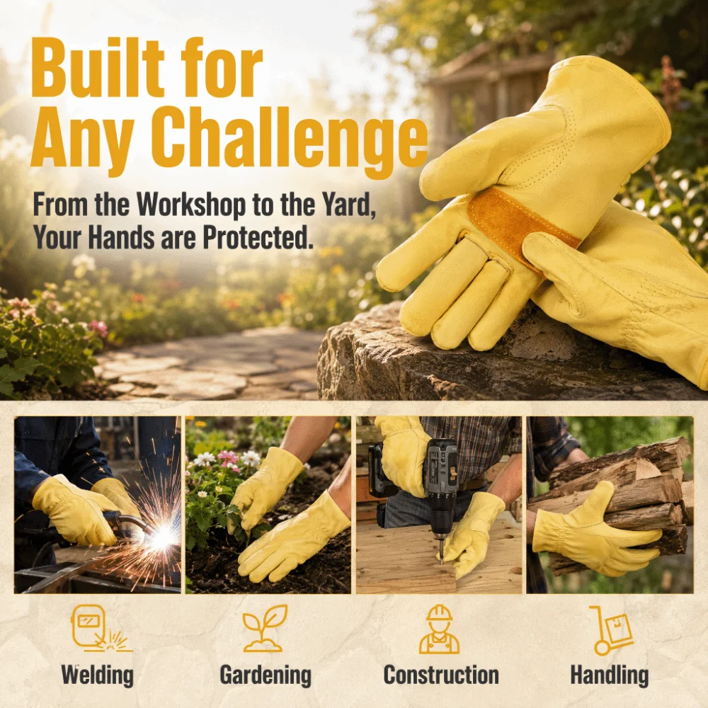 Flex Grip Leather Work Gloves Wear-Resistant Stretchable Wrist Cowhide Working Glove Insulated Soft Safety Work Gloves