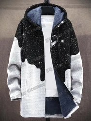 Pouring Milk & Retro Geometric Pattern 3D Printed Men's Fashion Plush Thick Hooded Coat Winter Casual Warm zipper jacket CM08