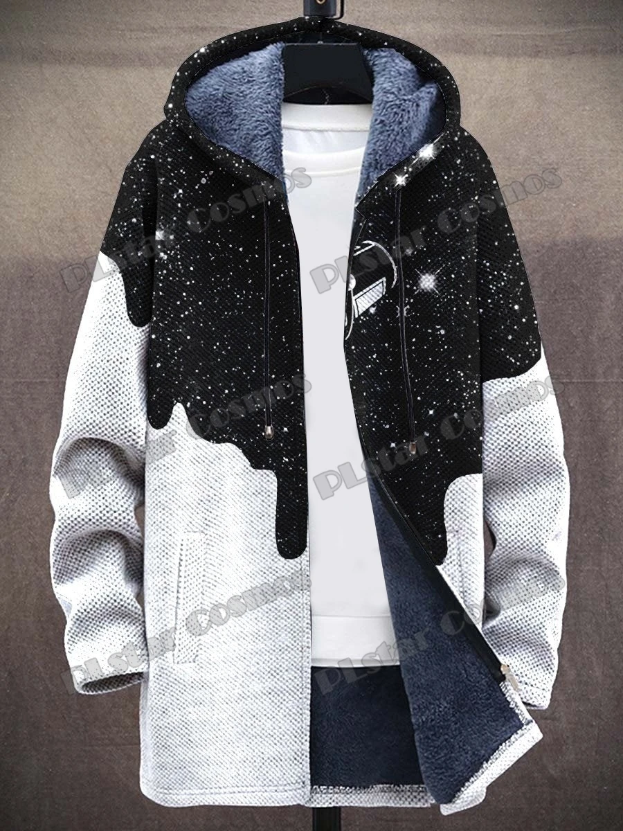Pouring Milk & Retro Geometric Pattern 3D Printed Men's Fashion Plush Thick Hooded Coat Winter Casual Warm zipper jacket CM08