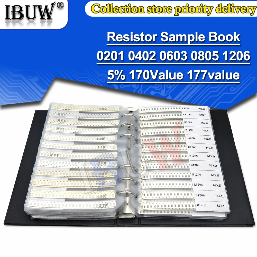 4250PCS 8500PCS 8850PCS 0201 0402 0603 0805 1206 Resistor Sample Book ibuw 5% SMD Assorted Kit 10K 100K 1K 1R 100R 220R
