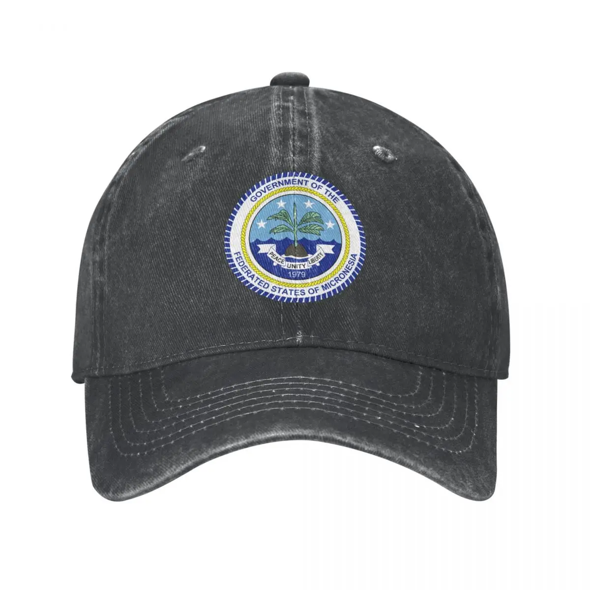 Men Baseball Cap Federated States Of Micronesia Emblem Charcoal Washed Denim Vintage Cotton Dad Trucker Hat