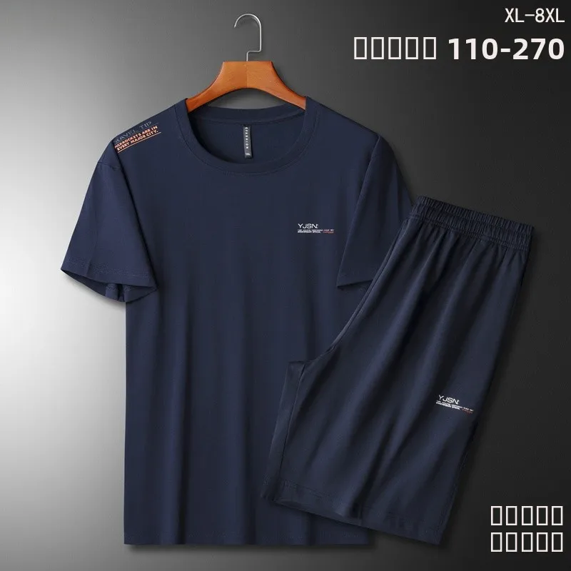 

Спортивный костюм из хлопка свободного кроя для мужчин больших размеров: летняя футболка и шорты, комплект из двух предметов для фитнеса и повседневной носки