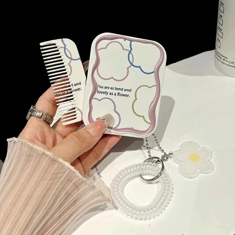 New Flower Portable Folding Small Mirror Set Cosmetic Mirror For Class Pocket Mirror And Comb All-In-One Girls Gift