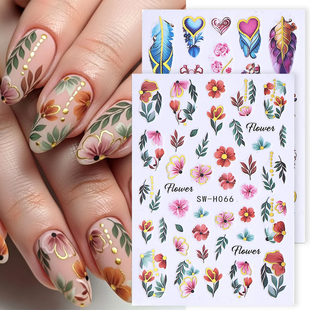 2 Stück Bronzing Love Heart Flower Nagelaufkleber Metallic Gold Feather Leaf Floral Design Decals Elegante Valentinstag-Maniküre-Folien