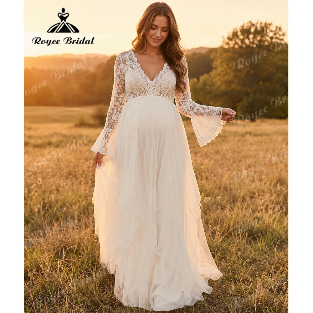 Deep V Neck Maternity Wedding Dress Long Flare Lace Sleeve Back V‑Neck Multi‑Layer Chiffon Pregnant Bridal Gown Customized