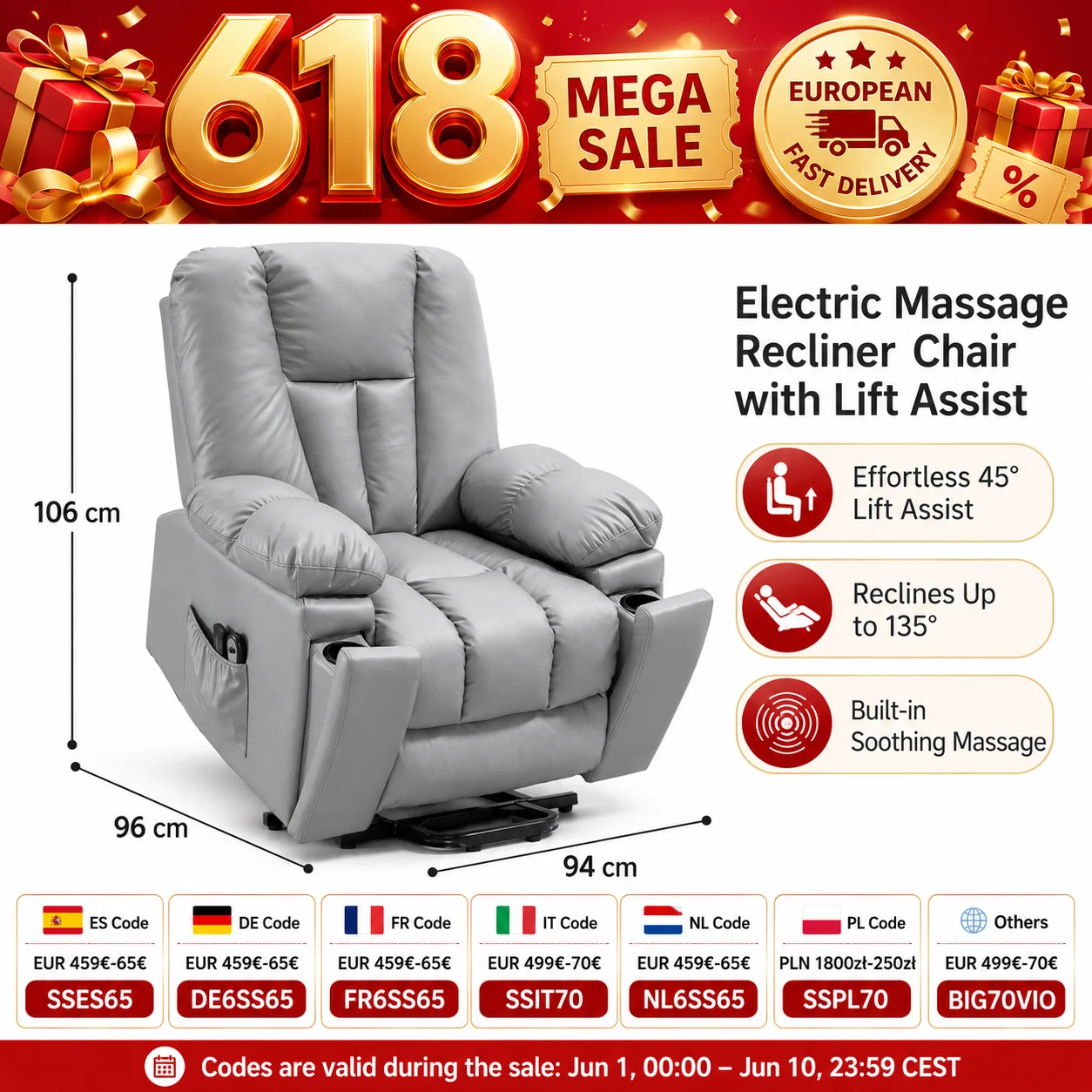 Elektrischer Massage-Relaxsessel mit Aufstehhilfe, Fernbedienung, Seitentaschen, 94 x 96 x 106 cm, Dunkelgrau, für Senioren und zur Genesung