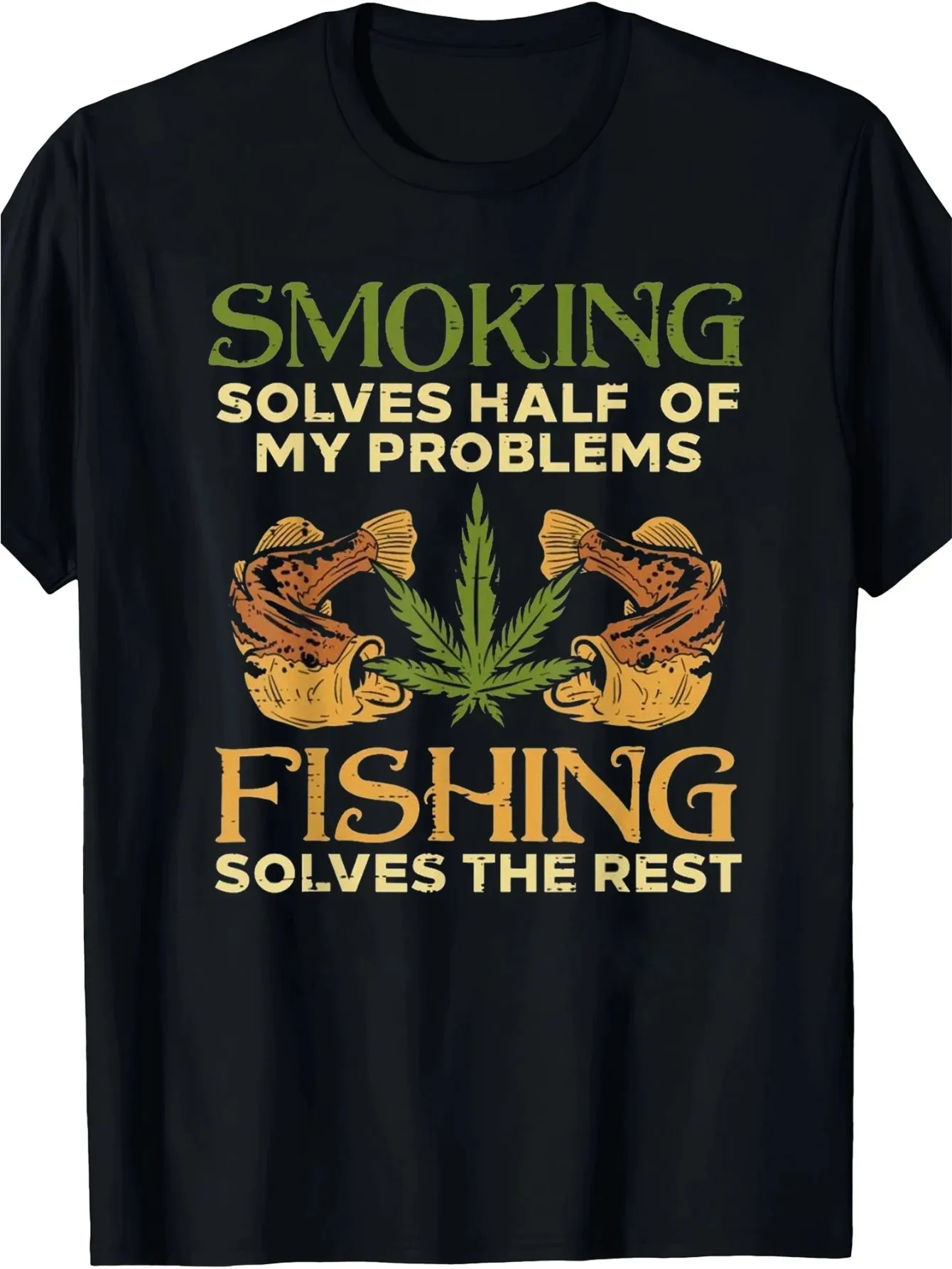 

Fishing & Smoking T-Shirt - 100% Cotton, Leaf/Fishing Rod, Black/Green/Yellow Streetwear Tee