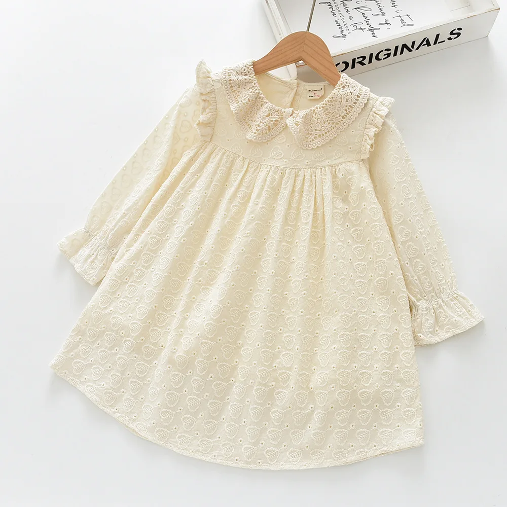 2026 autumn new girls dress foreign style fungus edge hollow lapel cotton lining long-sleeved dresses