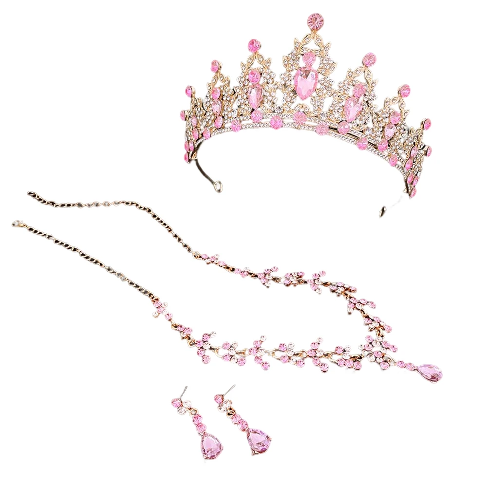 Crown Earring Necklace 3 Pieces Set Shiny Rhinestone Alloy Earrings Jewelry Tiaras Necklaces for Employee Benefits Gift