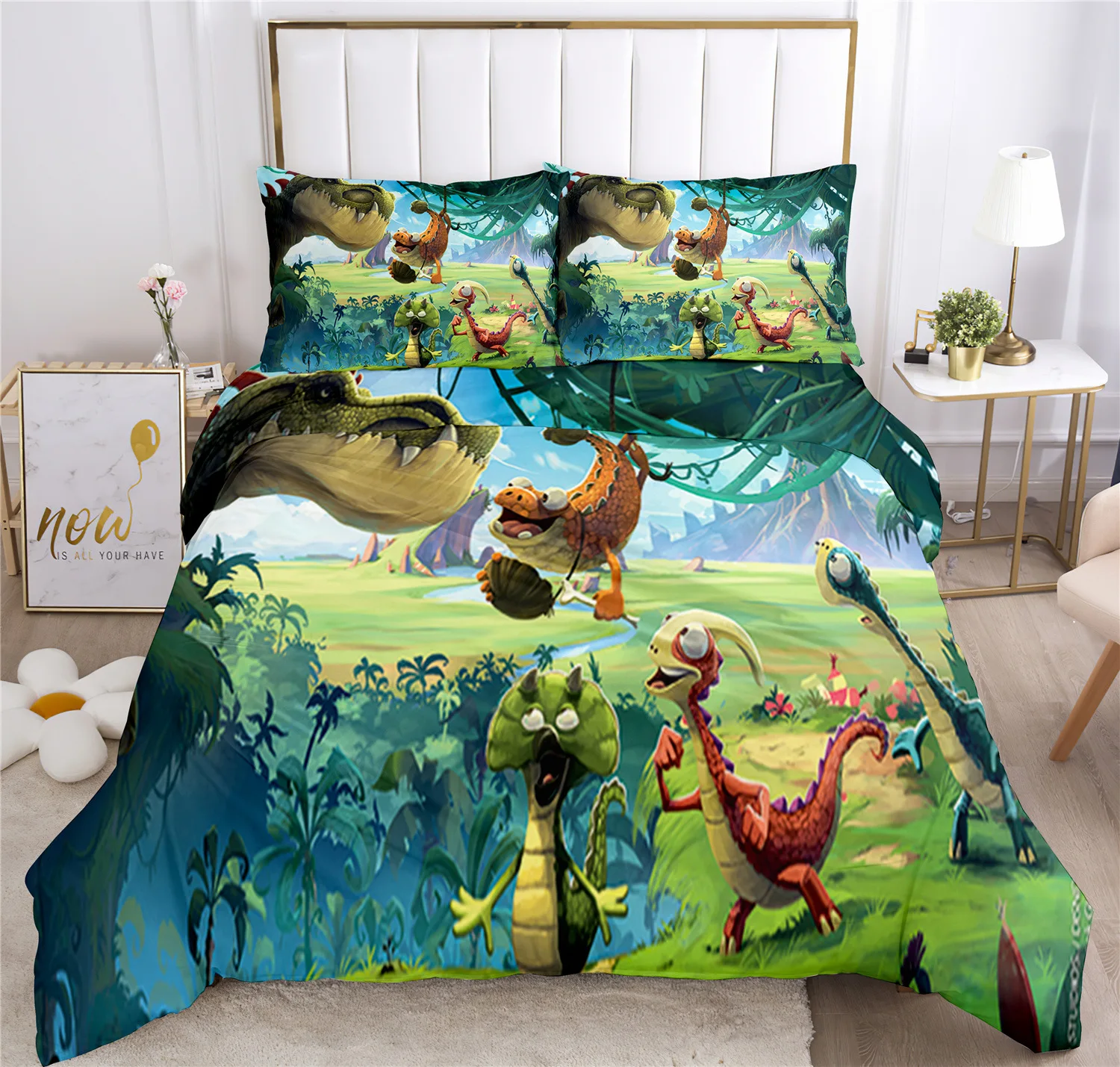 Cartoon Dinosaur Duvet Cover King Queen Size Jurassic World Animal Bedding Set for Kids Boys Girls Ancient Wildlife Quilt Cover