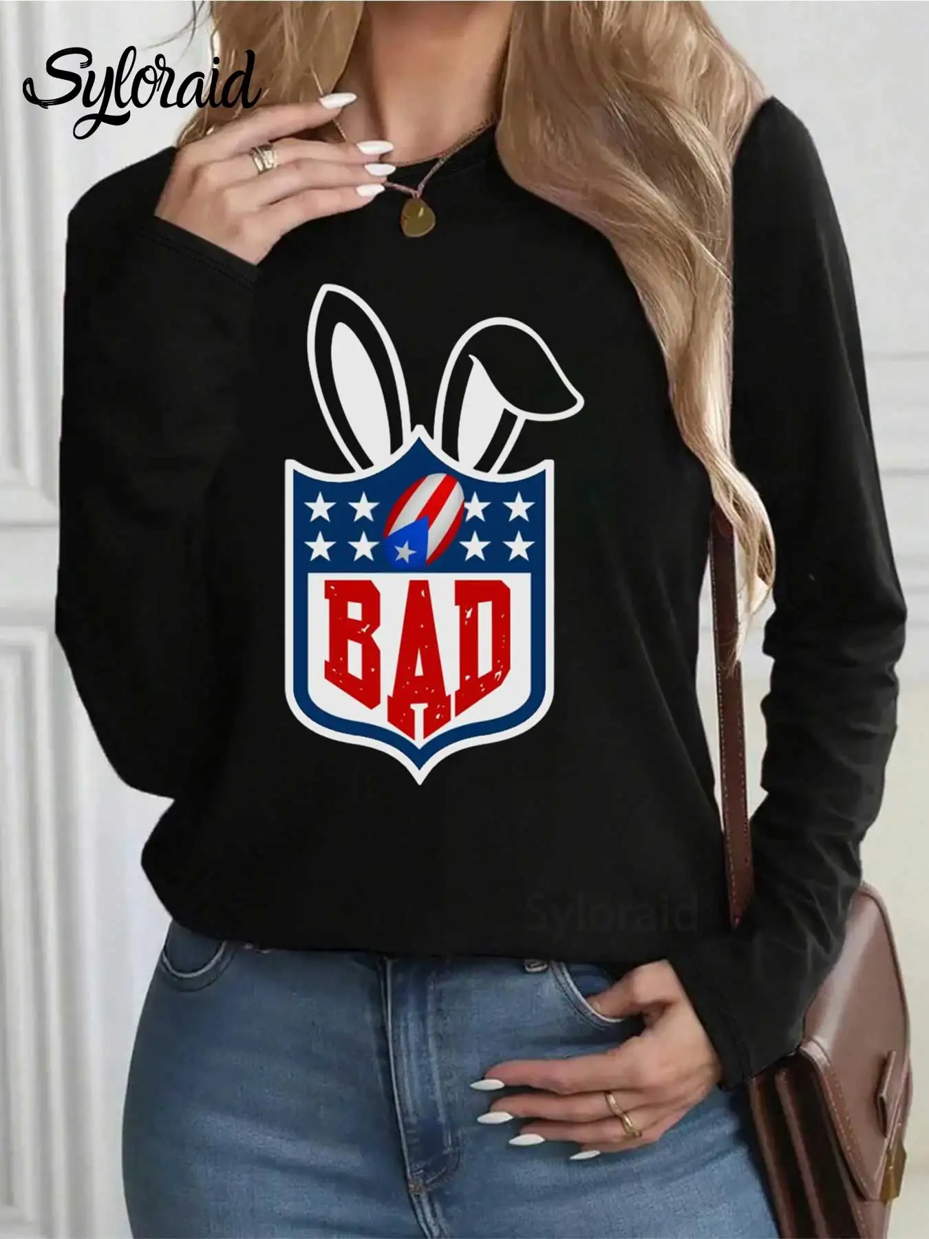 여성용 긴 소매 티셔츠 토끼 슈퍼 볼 축구 프린트 티셔츠 패션 라운드 넥 캐주얼 탑