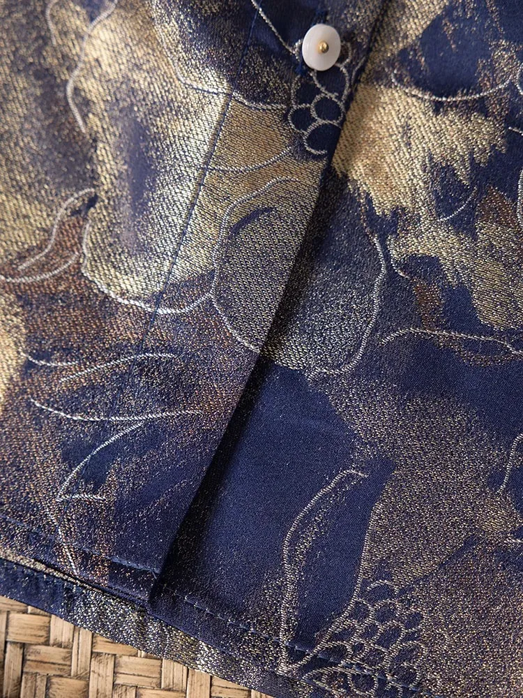 2026 여성 패션 봄 의류 100% 천연 뽕나무 실크 송 브로케이드 네이비 블루 연꽃 레트로 다용도 기품 있는 셔츠