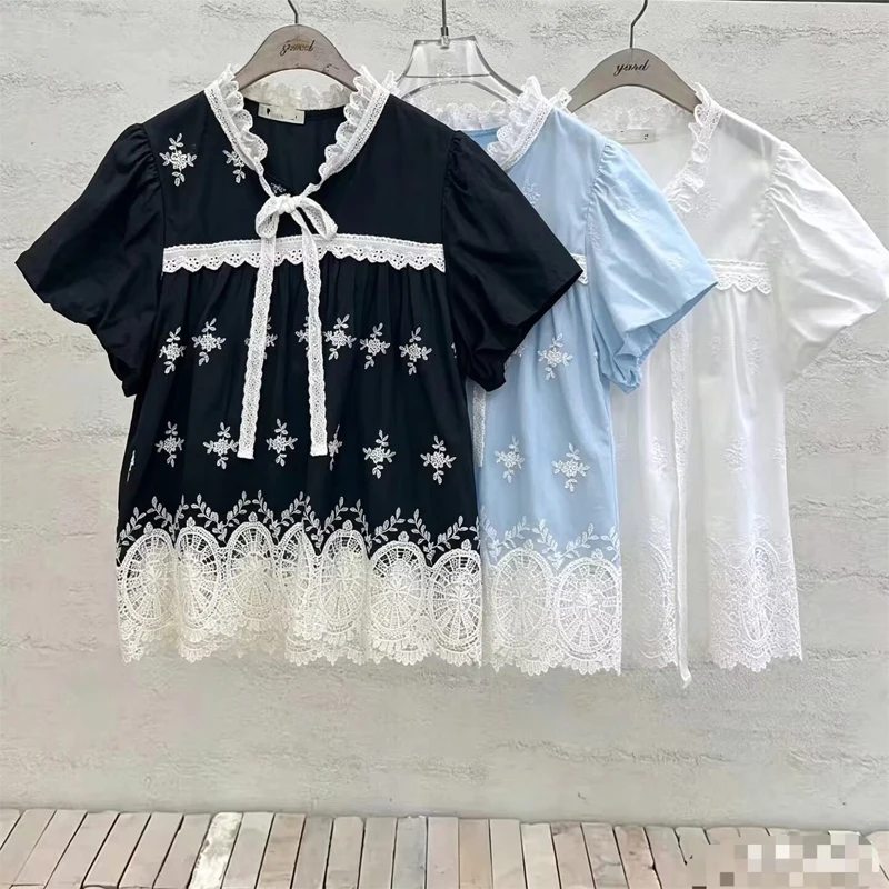 

Korean Style Lace Embroidery Hollow out Bubble Sleeve Shirt Women's Summer New Fashion Breathable Loose Fit Stand Collar Top