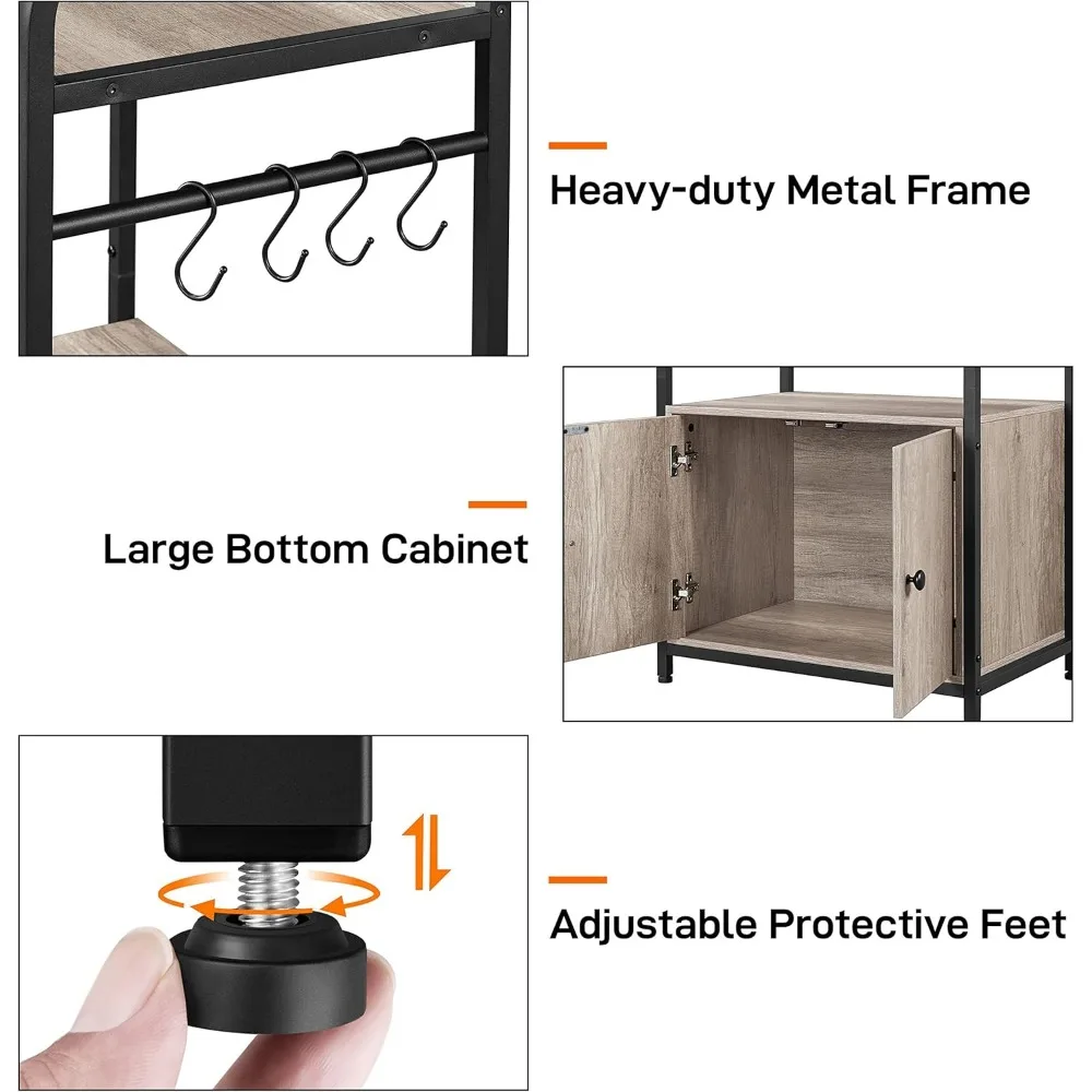 4 ชั้นครัว Bakers Rack พร้อมตู้เก็บของและฮัทช์, เตาอบไมโครเวฟ Coffee Bar Pantry ตู้ 8 S Hooks