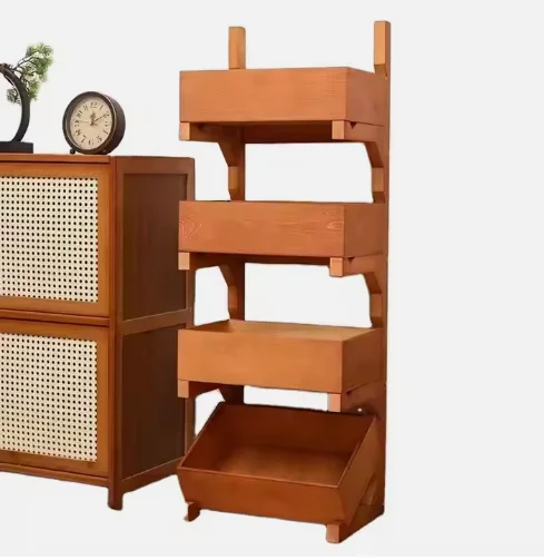 Wooden Layered Rack with Storage Box - Natural Brown Wooden Display Rack for Home Finishing, Space Saving and Fully Functional