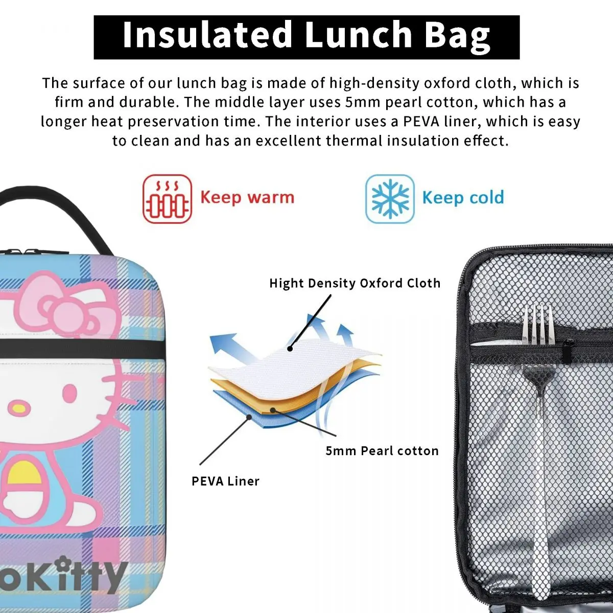 Hello Kitty Kawaii Anime Insulated Lunch Bags Cooler Bag  Lunch Container Leakproof Tote Lunch Box for Men Women Office Picnic