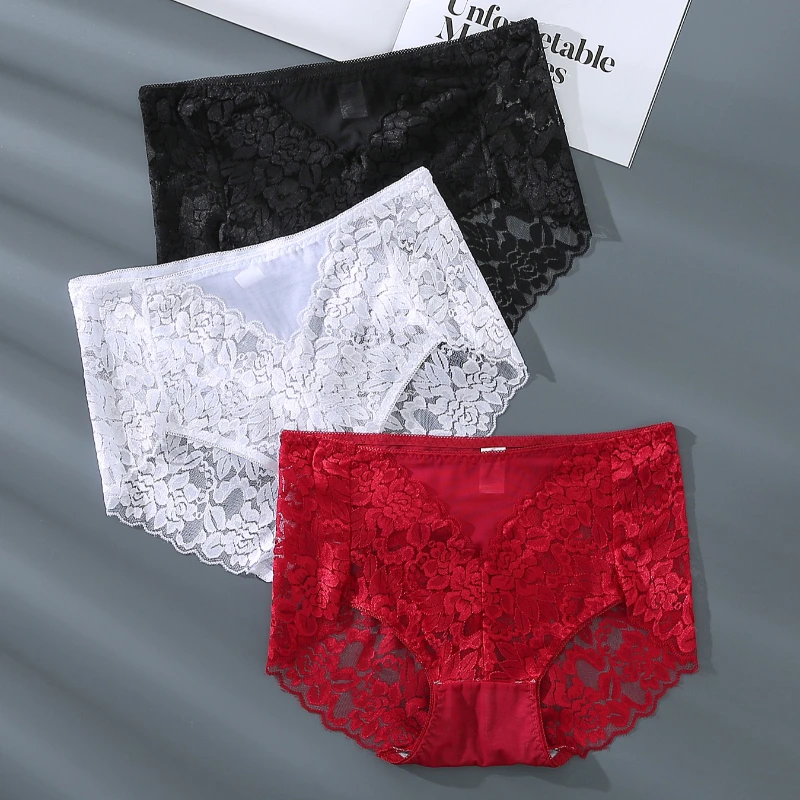 5pcs high waisted solid color women's underwear sexy lace polyamide natural dyeing safe independent packaging comfortable breath