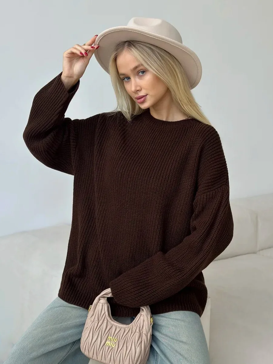 

Sweet Coarse Striped Knitted Sweater Autumn and Winter Women's Simple Solid Color Loose Thick Warm Daily Casual O-neck Sweater