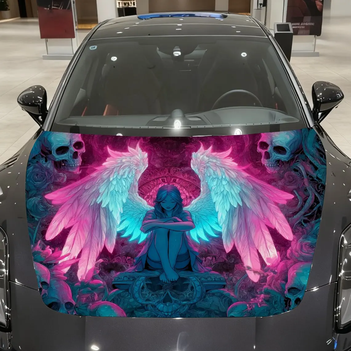 

Colorful Angel and Skulls Car Vinyl Wrap, PVC Material Waterproof Car Hood Sticker, Self-Adhesive Scratch-Resistant Stickers for