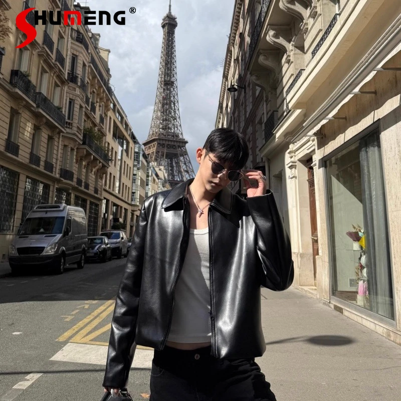 

Осень-зима 2024, новые однотонные куртки из искусственной кожи с лацканами, мужские модные стильные пальто из искусственной кожи, красивые куртки с длинными рукавами