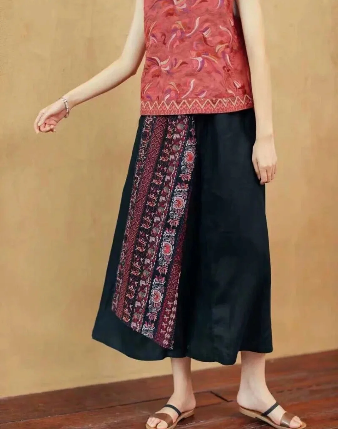 New Retro wide leg pants national style cotton linen loose casual black Women's pants fashion elastic waist pantskirt