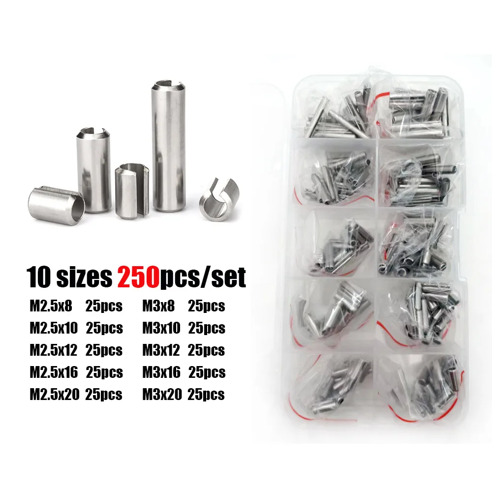 100/250pcs/set M1.5 M2 M2.5 M3 M4 M5 GB879 304 Stainless Steel Elastic Cotter Tension Dowel Roll Spring Pin Assortment Kit Set