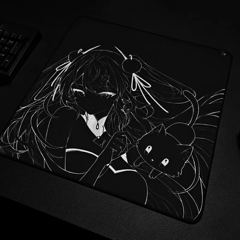 Cute Anime Black Cat Girl Lines Glass Mouse Pad Waterproof And Smooth Electronic Sports Games Office Desktop Decoration 3