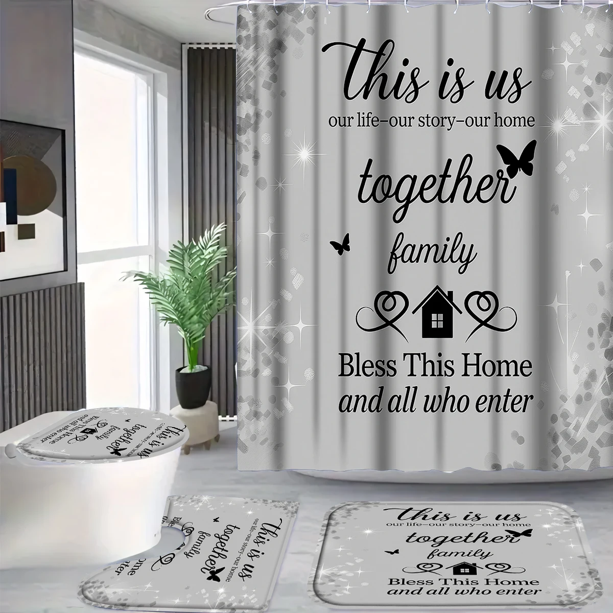 

4Pcs This Is Us Family Shower Curtain Set with Hooks, Silver Glitter Quote Print Waterproof Mildew Resistant Fabric Bath Mat for Family Bathroom Home Decor