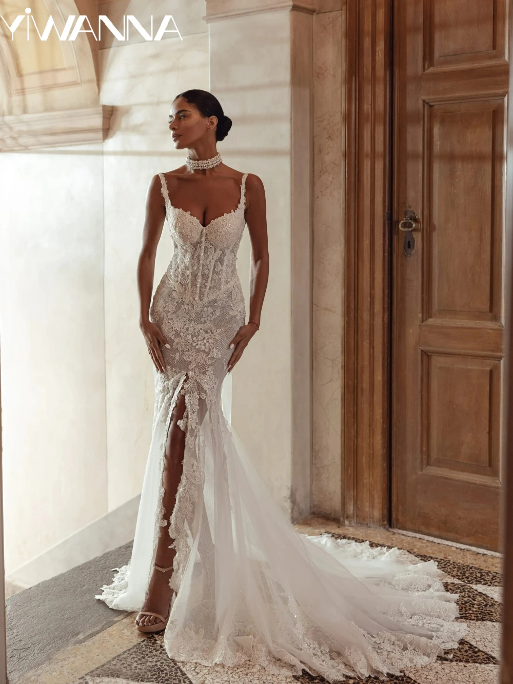 

Shimmering Beaded Lace Appliques Wedding Dress Illusion High Slit Bridal Gown Customized Elegant Thin Straps Dresses For Bride