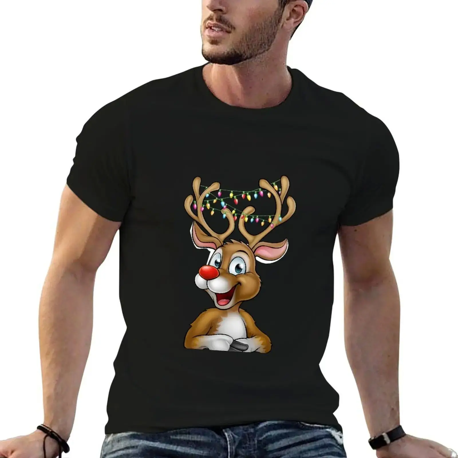 

Adorable Reindeer Printed Men's Vintage T-irt Cusizable Hand-Painted Design Clothing Personalization Service