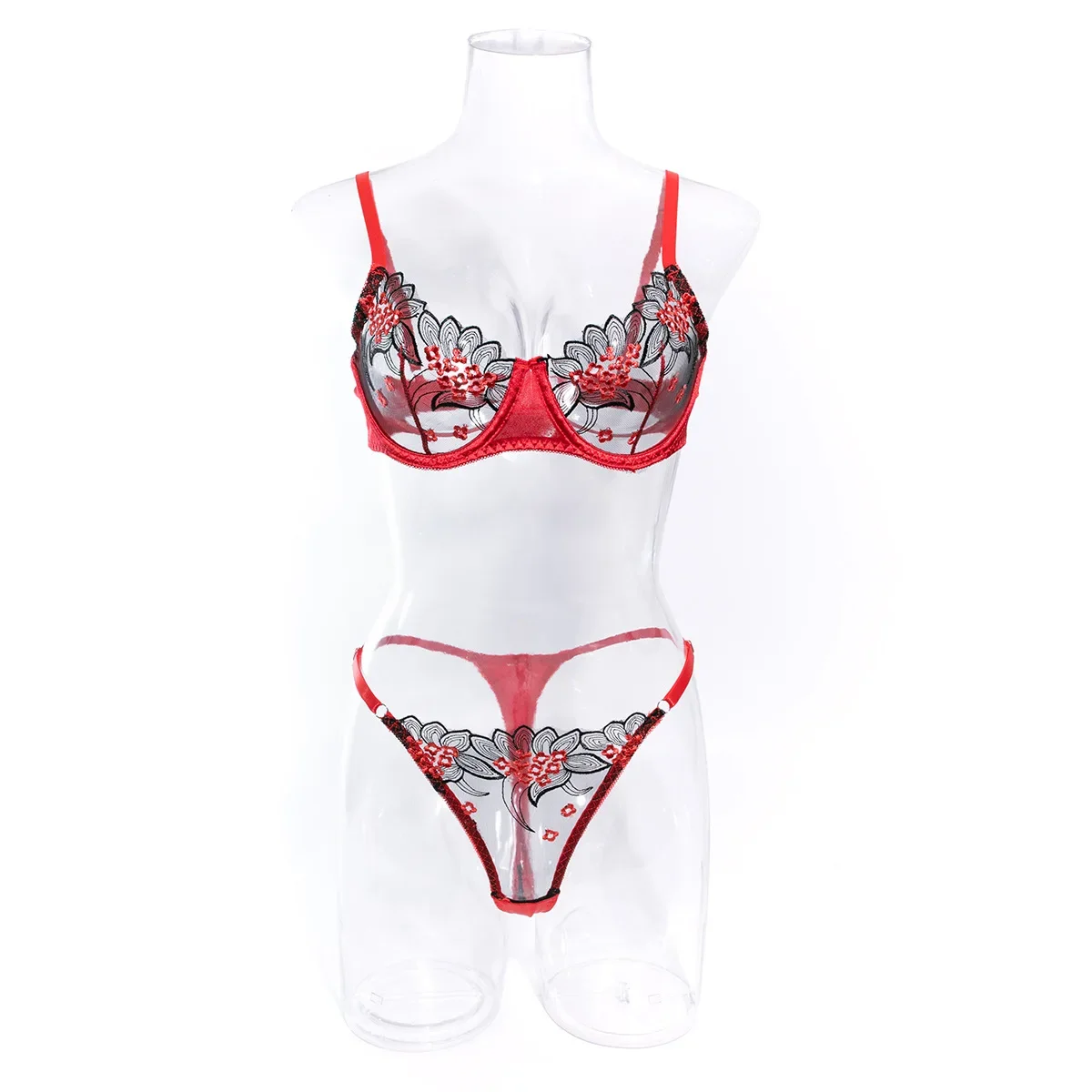 Sexy Red Floral Embroidered Exotic Apparel Suit Women's Perspective Soft  Bra Panty Set Single Layer Ultra-Thin Intimates