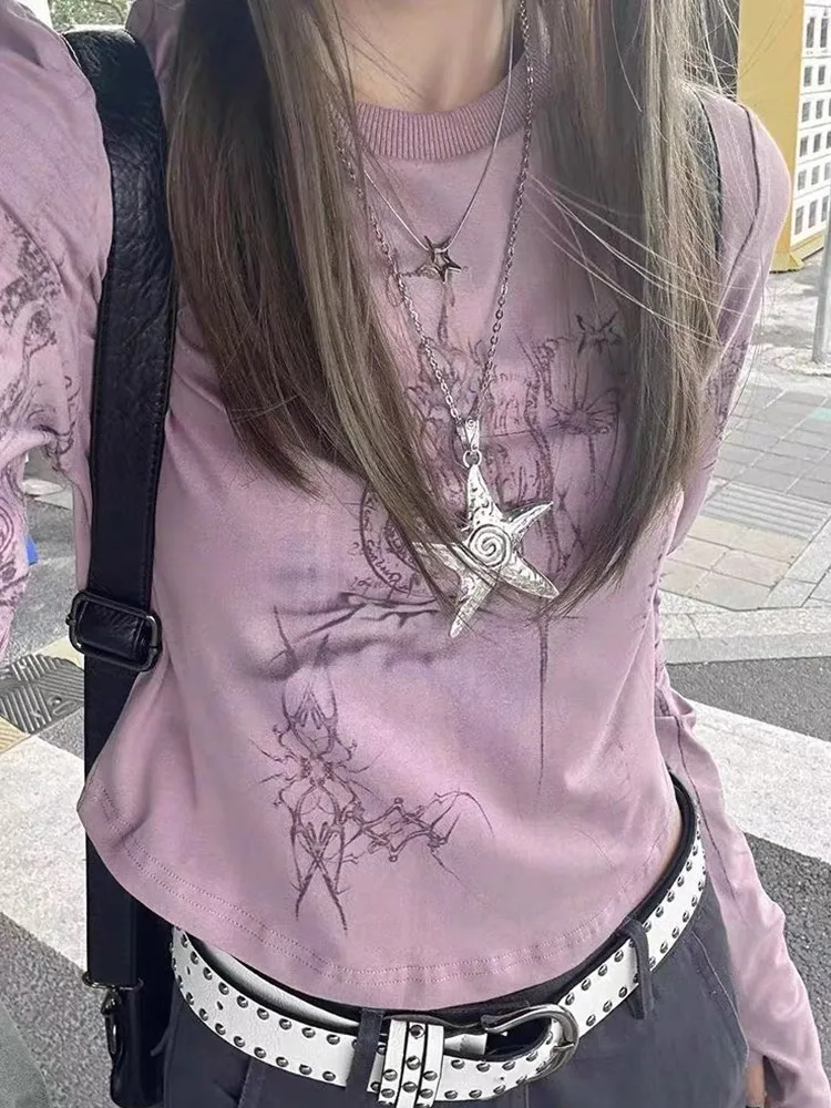 Genayooa Gothic Print T Shirt Women Long Sleeve Y2k Vintage Tops Streetwear 2000s Japanese Crop Tops E Girls Tshirs Autumn