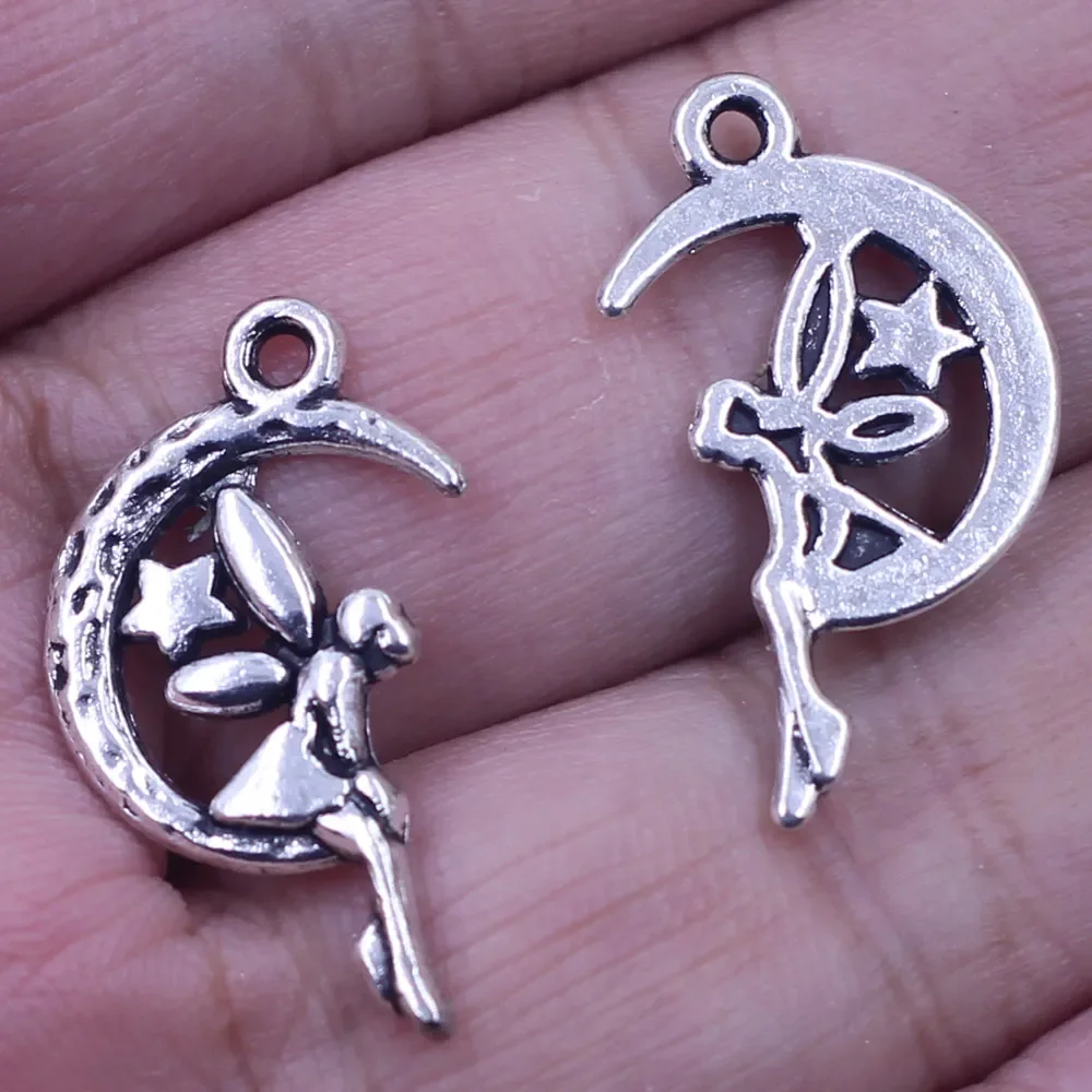 10Pcs Pendants Fairy With Star Sit On the Moon For Charms Necklaces Silver Tone Metal Alloy Jewelry DIY Findings 26x15mm