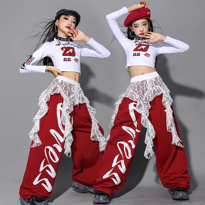 

Одежда для джазовых танцев 2024, наряд для выступлений на сцене Kpop для девочек, укороченный топ, красные брюки в стиле хип-хоп, детская модная одежда для уличных танцев AMY2690