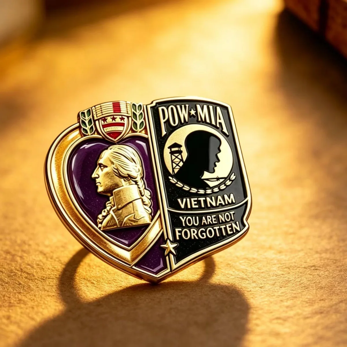 Special Vietnam War Veteran Memorial Purple Heart Enamel Lapel Pin Badge Commemorative Brooch with Gold Tone Border and Quote